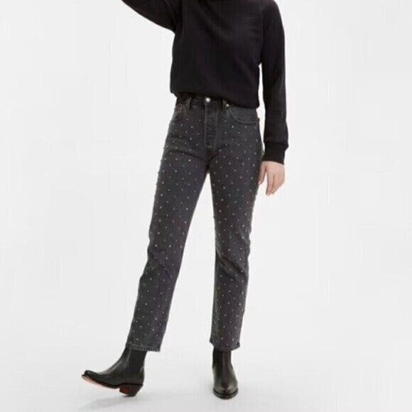 NWT Levis 501 Jeans Size 27 High Rise Crystal Studded Straight Leg Cropped - Picture 8 of 9